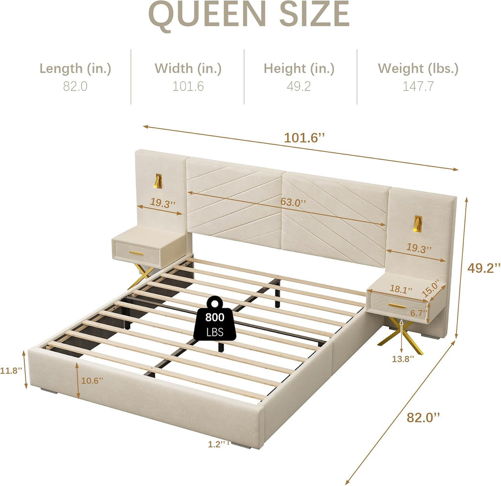 Luxurious Queen Platform Bed Frame, Velvet Upholstered Headboard with 2 Built-in Wall Sconces & Nightstands, Sturdy Metal & Solid Wood Frame, Squeak-Free, No Box Spring Needed, Beige White