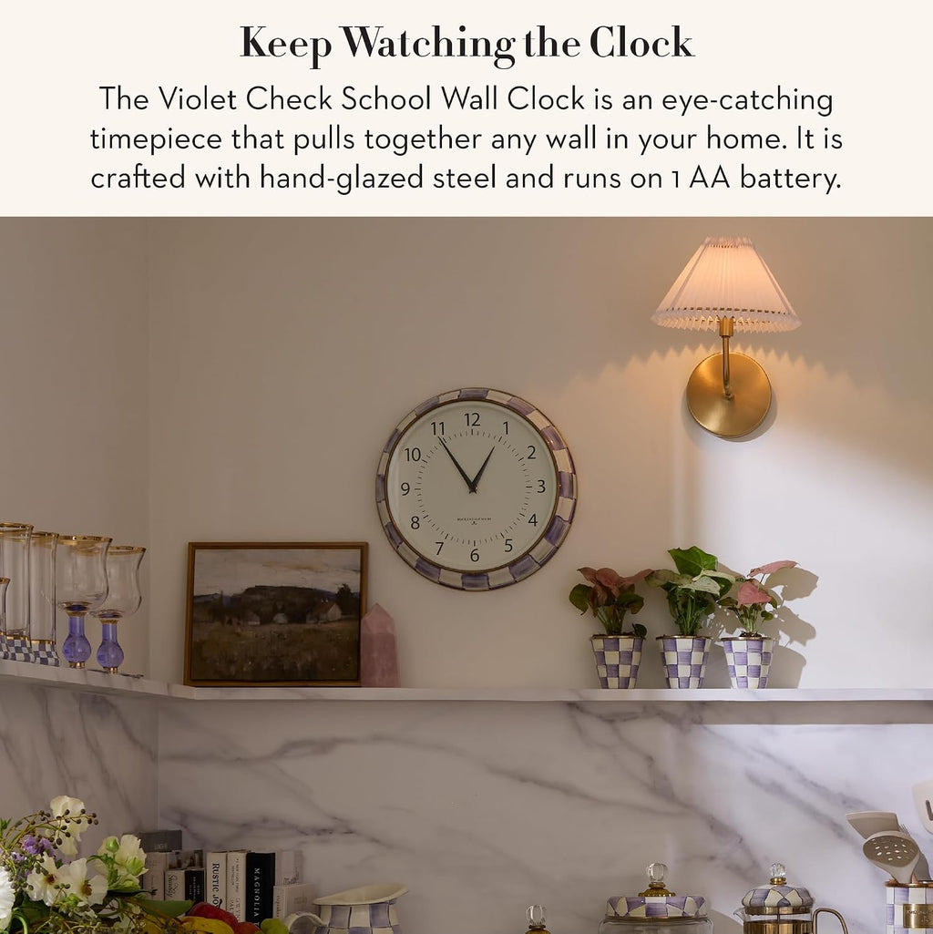MACKENZIE-CHILDS Wall Clock, Decorative Enamel Clock for Kitchen and Living Room, Purple-and-White Violet Check