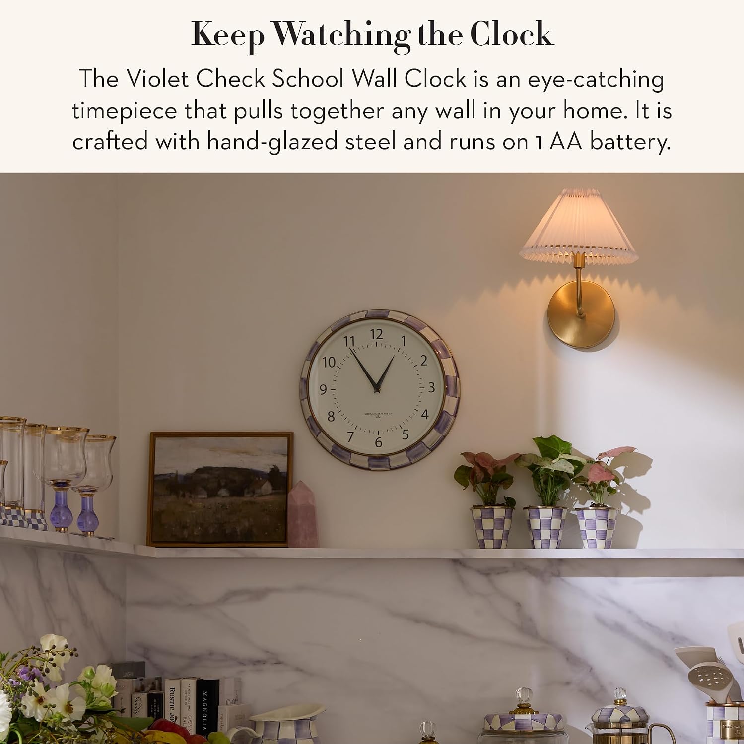 MACKENZIE-CHILDS Wall Clock, Decorative Enamel Clock for Kitchen and Living Room, Purple-and-White Violet Check