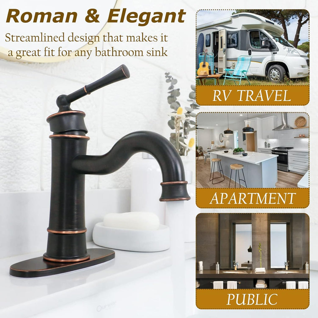 Roman Bathroom Faucet Set, Single Hole Sink Faucet With Pop Up Drain, Free Standing Tub Faucet Filler with High Pressure Handheld Shower, Oil Rubber Bronze
