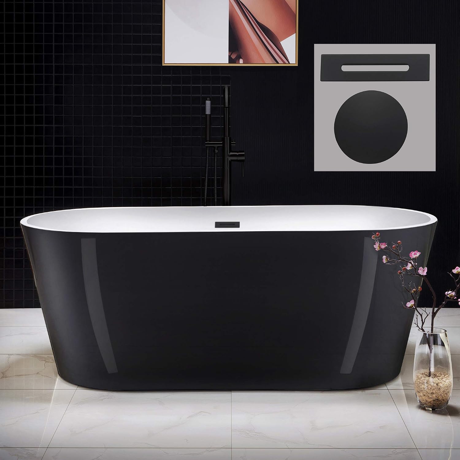 WOODBRIDGE 67' Freestanding Acylic Soaking Bathtub with White, Drain and Overflow in Matte, BTA1813-MB-Drain &O, Matte Black