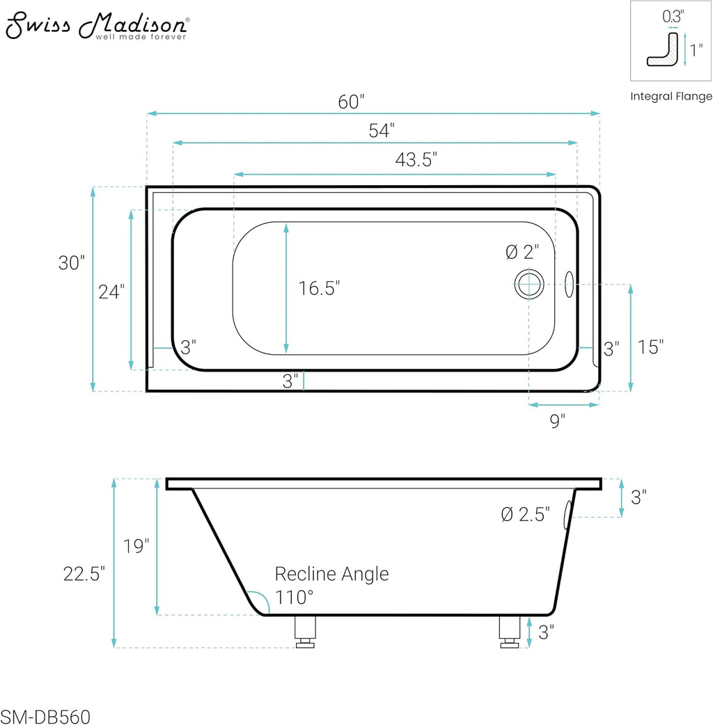 Swiss Madison Voltaire 60' x 30' Right-Hand Drain Alcove Bathtub