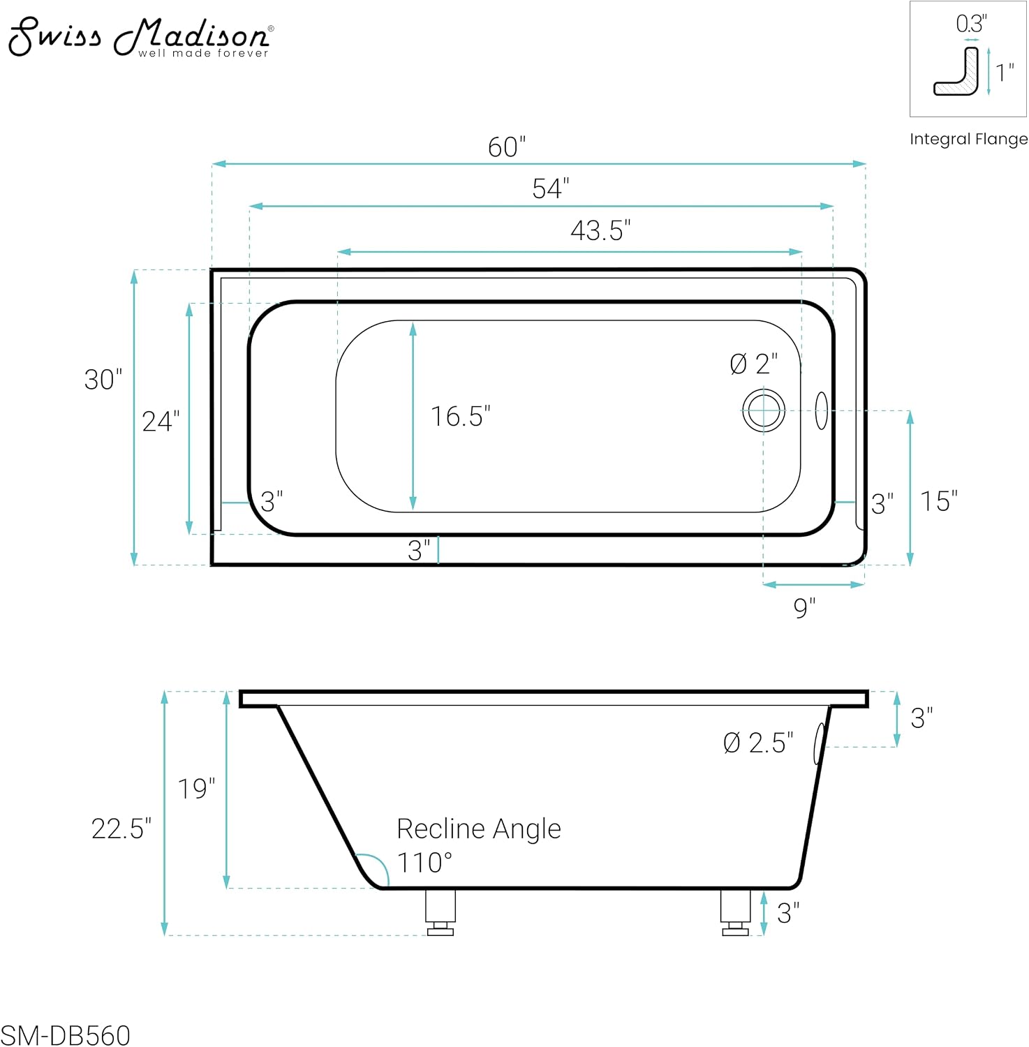 Swiss Madison Voltaire 60' x 30' Right-Hand Drain Alcove Bathtub