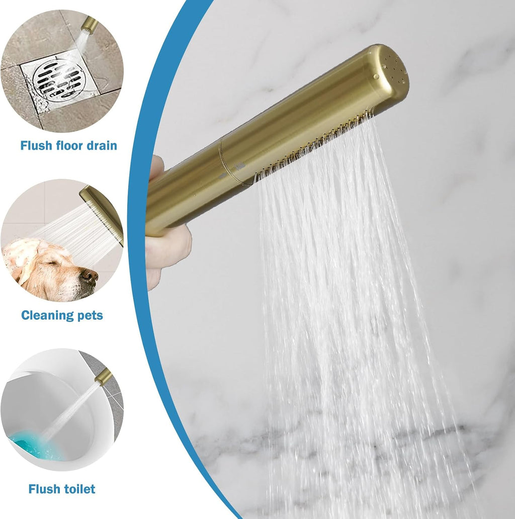 RUMOSE Brushed Gold Bathtub Filler Freestanding Tub Filler Floor Mount Tub Faucet Waterfall Bathtub Faucet with CUPC Certified High Flow Brass Bath Shower Faucets with Handheld Sprayer