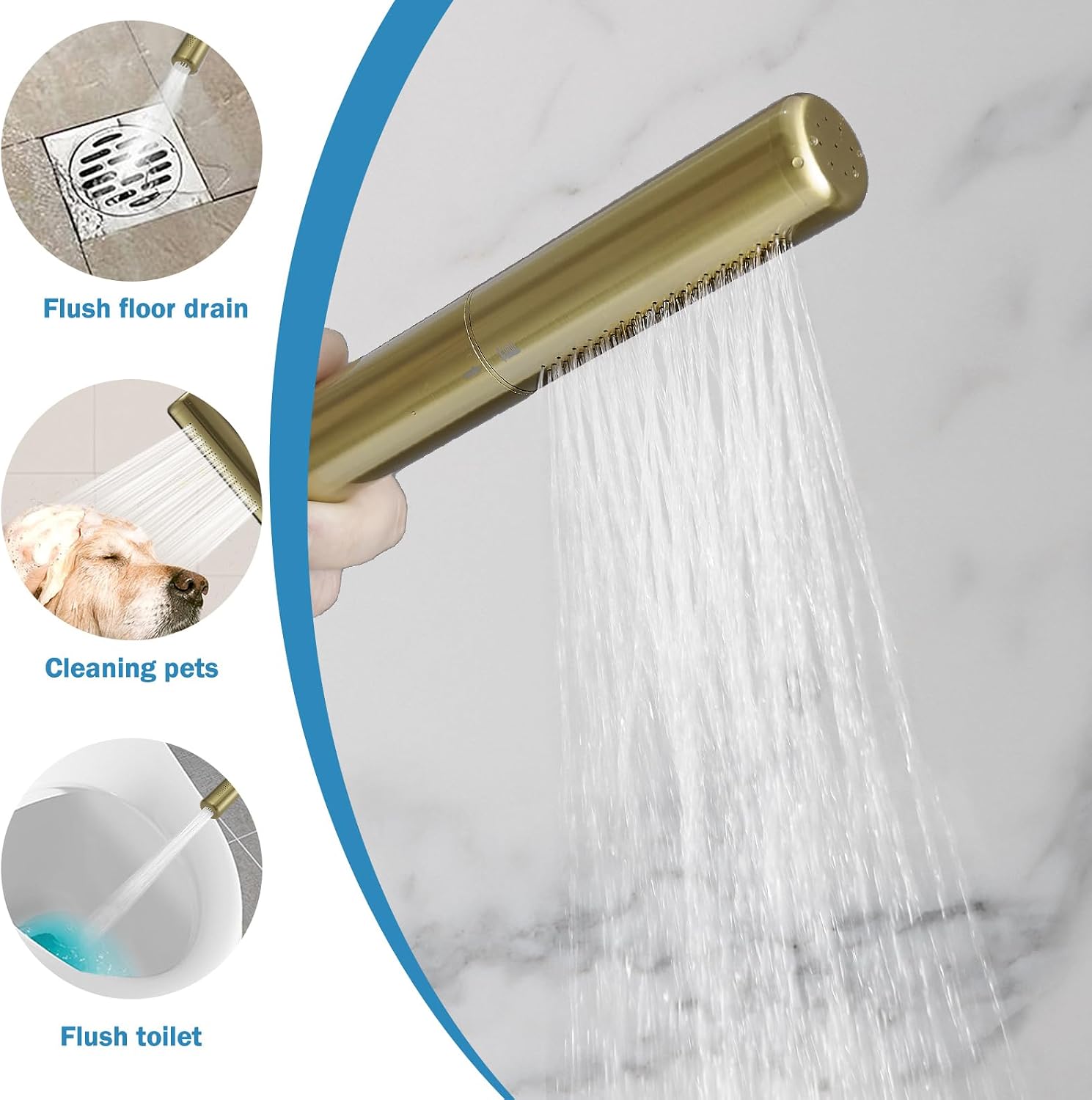 RUMOSE Brushed Gold Bathtub Filler Freestanding Tub Filler Floor Mount Tub Faucet Waterfall Bathtub Faucet with CUPC Certified High Flow Brass Bath Shower Faucets with Handheld Sprayer