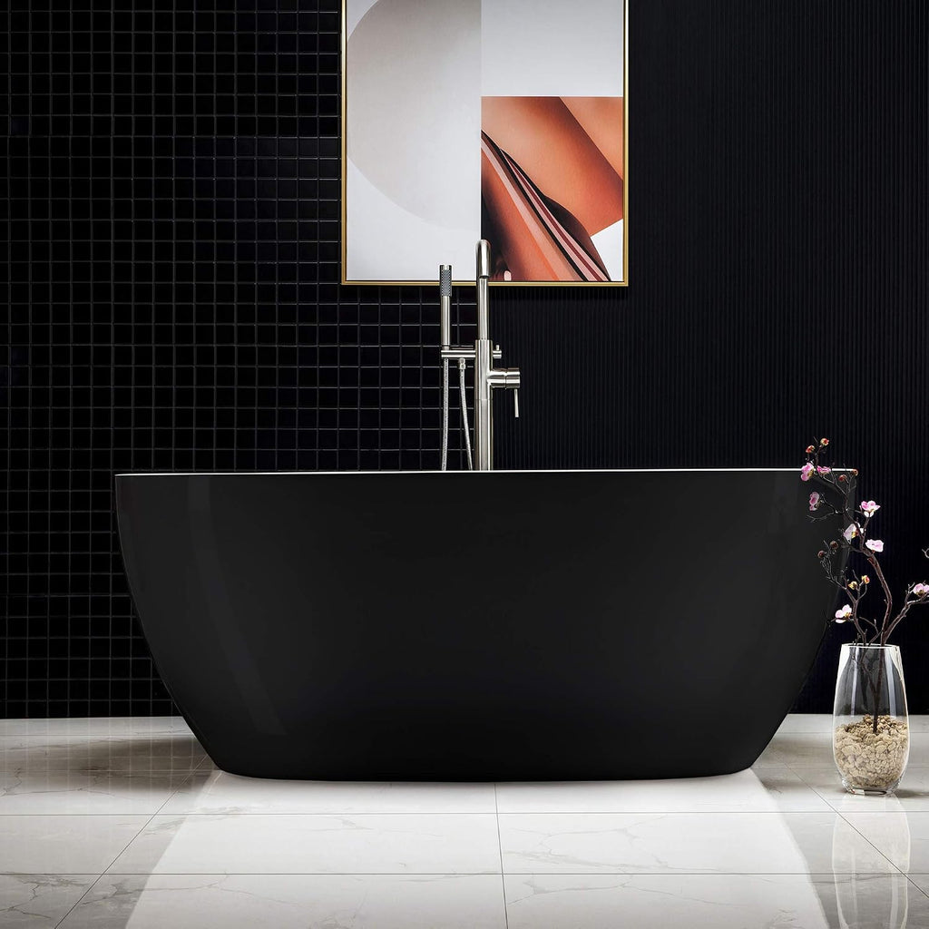WOODBRIDGE 59' Acrylic Freestanding Bathtub Contemporary Soaking Tub, Black Acrylic (Matte Black Drain/Overflow), B1818 Black -MB-Drain &O
