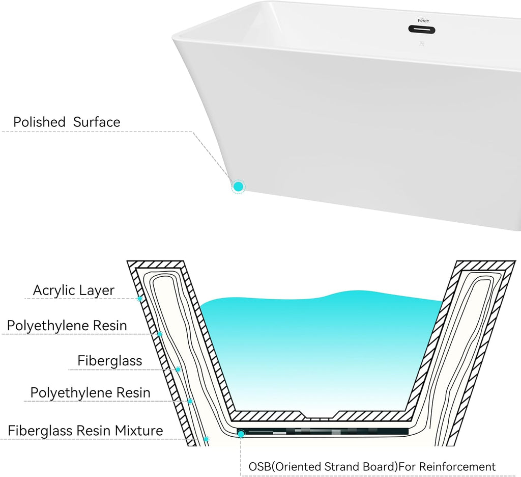 FerdY Sentosa 67' Acrylic Freestanding Bathtub, Contemporary Design Soaking Tub with Matte Black Drain and Matte Black Overflow, Easy to Install