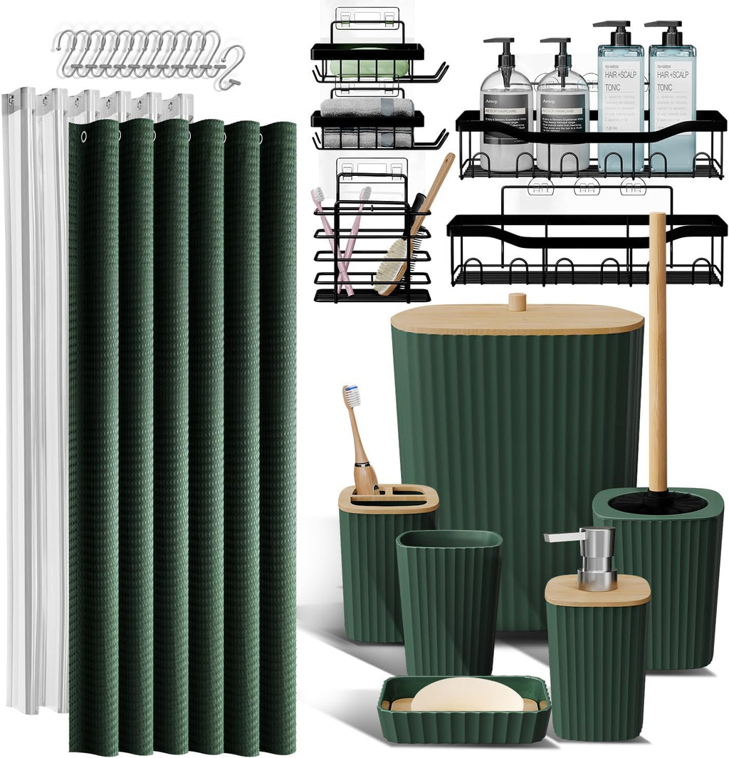 Hearth & Harbor Bathroom Accessories Set - Bathroom Set, 20PC Bathroom Accessory Set, Shower Curtain Set, Toilet Brush, Trash Can & Soap Dispenser (Hunter Green, Shower Caddy + Bathroom Set)