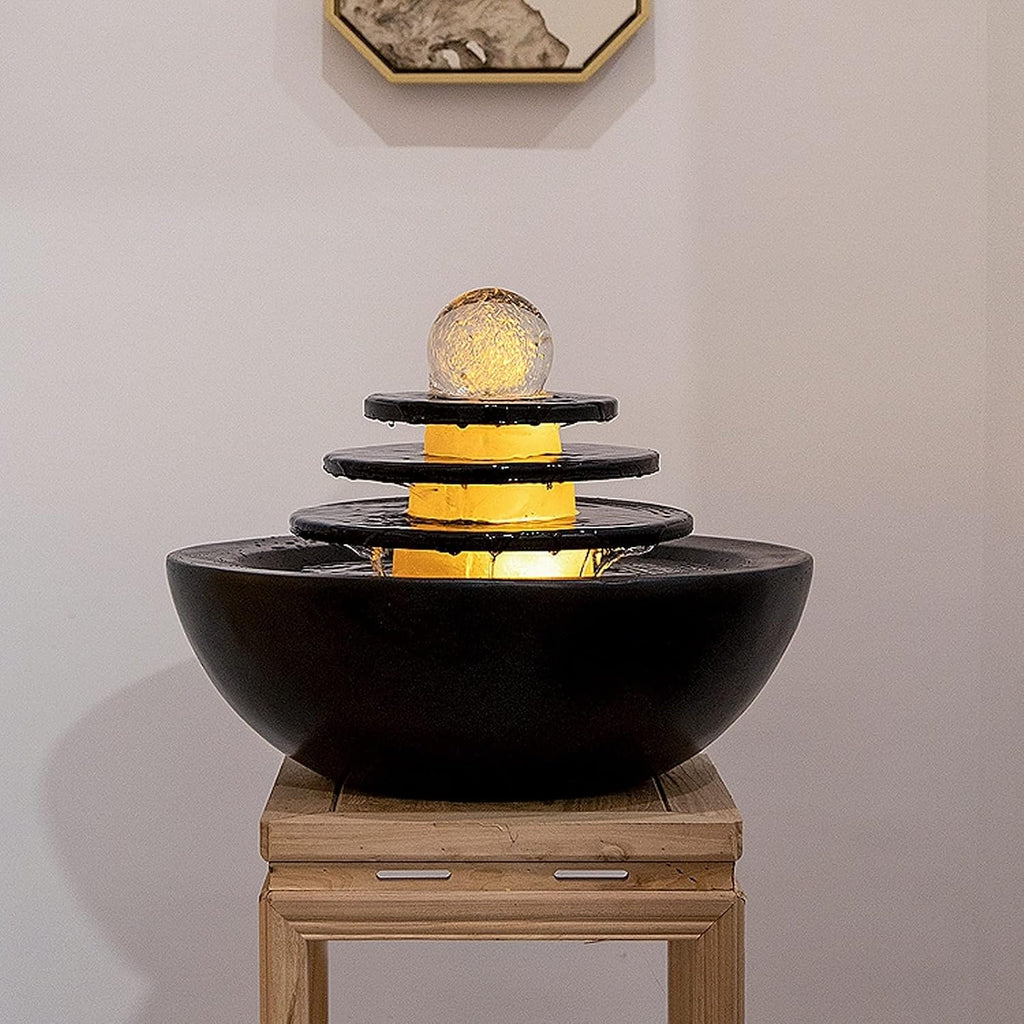 HIHELO Desktop Fountain Indoor Tabletop Fountain Waterfall Home Decor Relaxation Fountain 3 Tier Disc and Round Basin with LED Light Roller Ball Water Fountain Outdoor (Color : B)