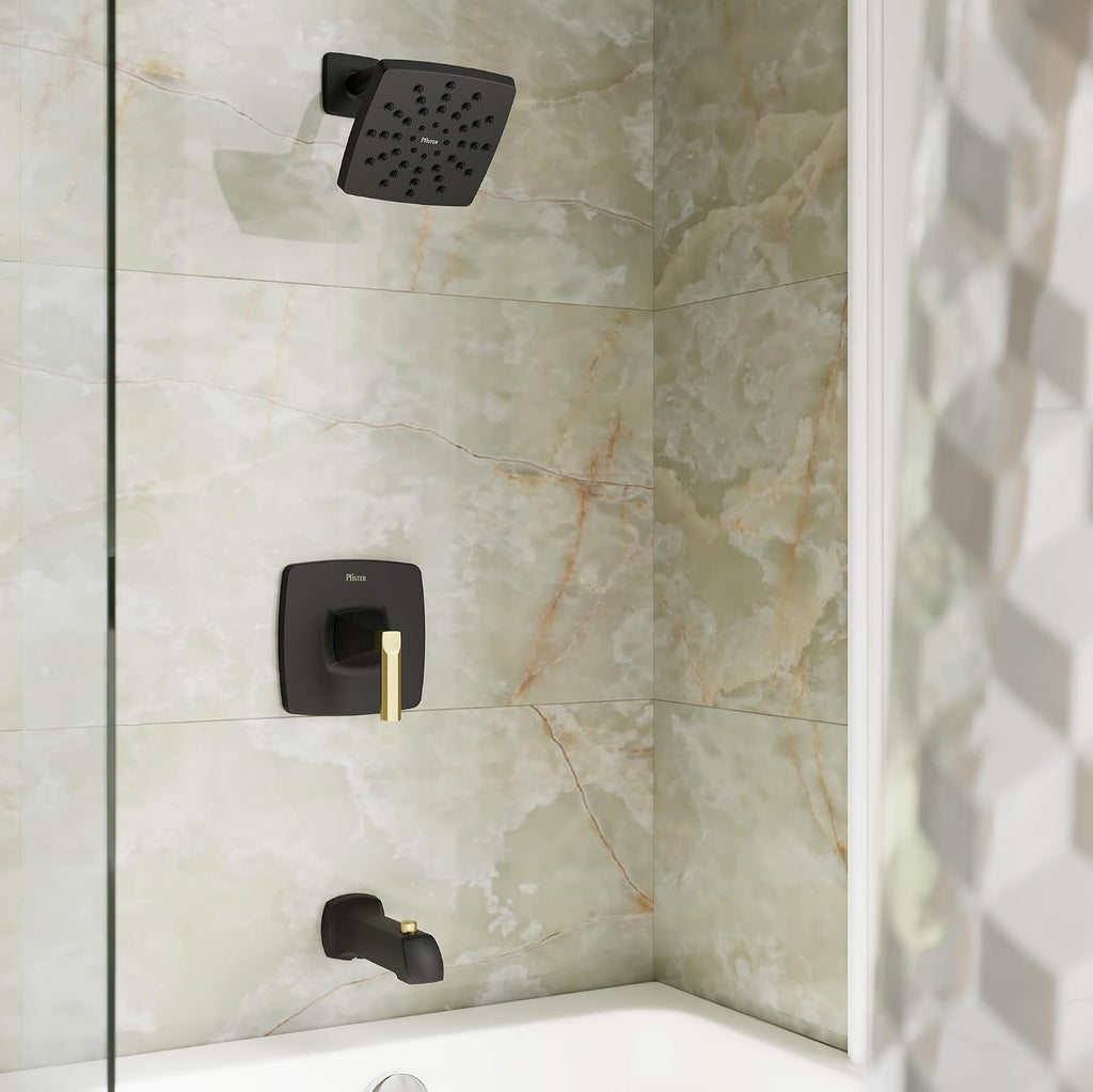 Pfister Vaneri Tub and Shower Faucet Set with Valve and Cartridge Included, 1-Handle Rain Shower Head with Tub Spout, Matte Black and Brushed Gold Finish, Model 8P8WS2VRISBBG