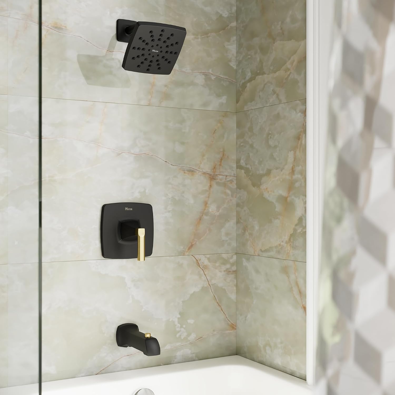 Pfister Vaneri Tub and Shower Faucet Set with Valve and Cartridge Included, 1-Handle Rain Shower Head with Tub Spout, Matte Black and Brushed Gold Finish, Model 8P8WS2VRISBBG