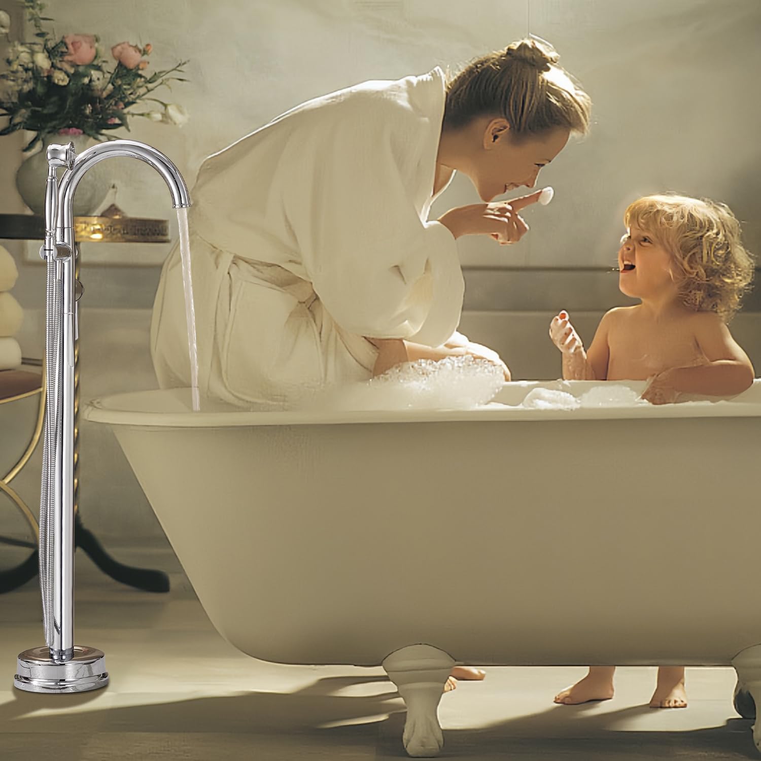 Free Standing Bathtub Faucet Brass Bathtub Faucets High Flow Soaker Tub Faucet with Vintage Handheld Sprayer Polished Chrome