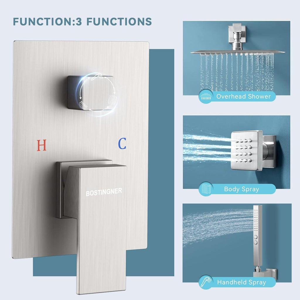 Shower Faucets Sets Shower System with Body Jets, Bostingner 10' Rain Shower Head with 2 In 1 Handheld Spray and 4 Jets, Wall Mounted All Metal 3 Way Shower Set with Valve and Trim Kit,Brushed Nickel