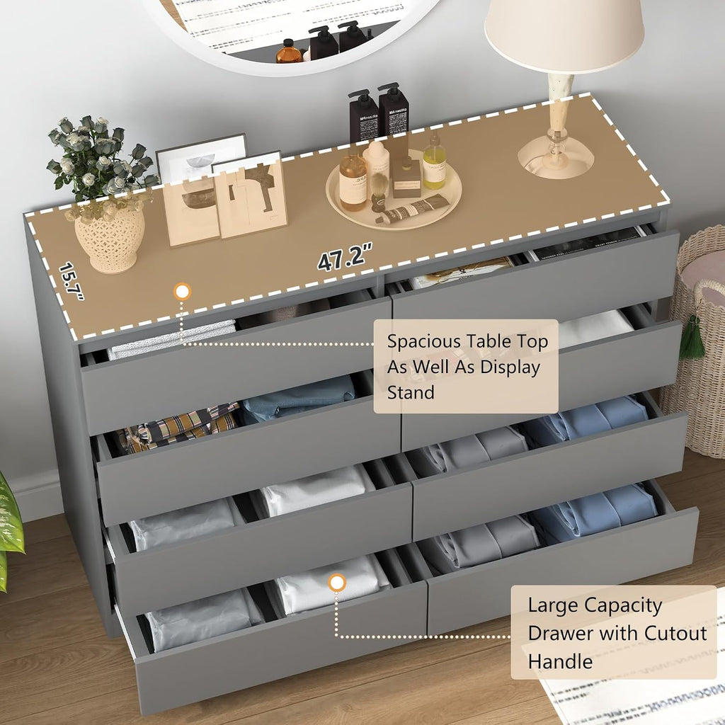 Vibe & Dine 8 Drawer Double Dresser, Modern Chest of Drawers with Wide Storage for Closet, Bedroom, Living Room, Grey