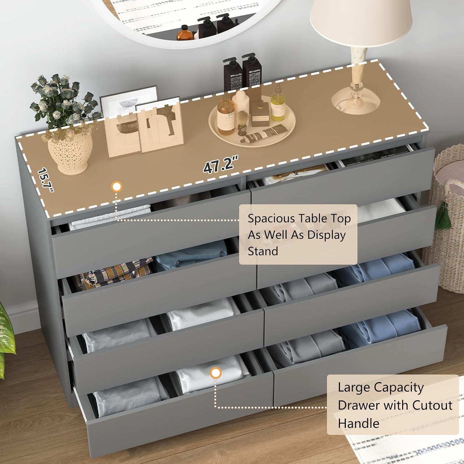 Vibe & Dine 8 Drawer Double Dresser, Modern Chest of Drawers with Wide Storage for Closet, Bedroom, Living Room, Grey