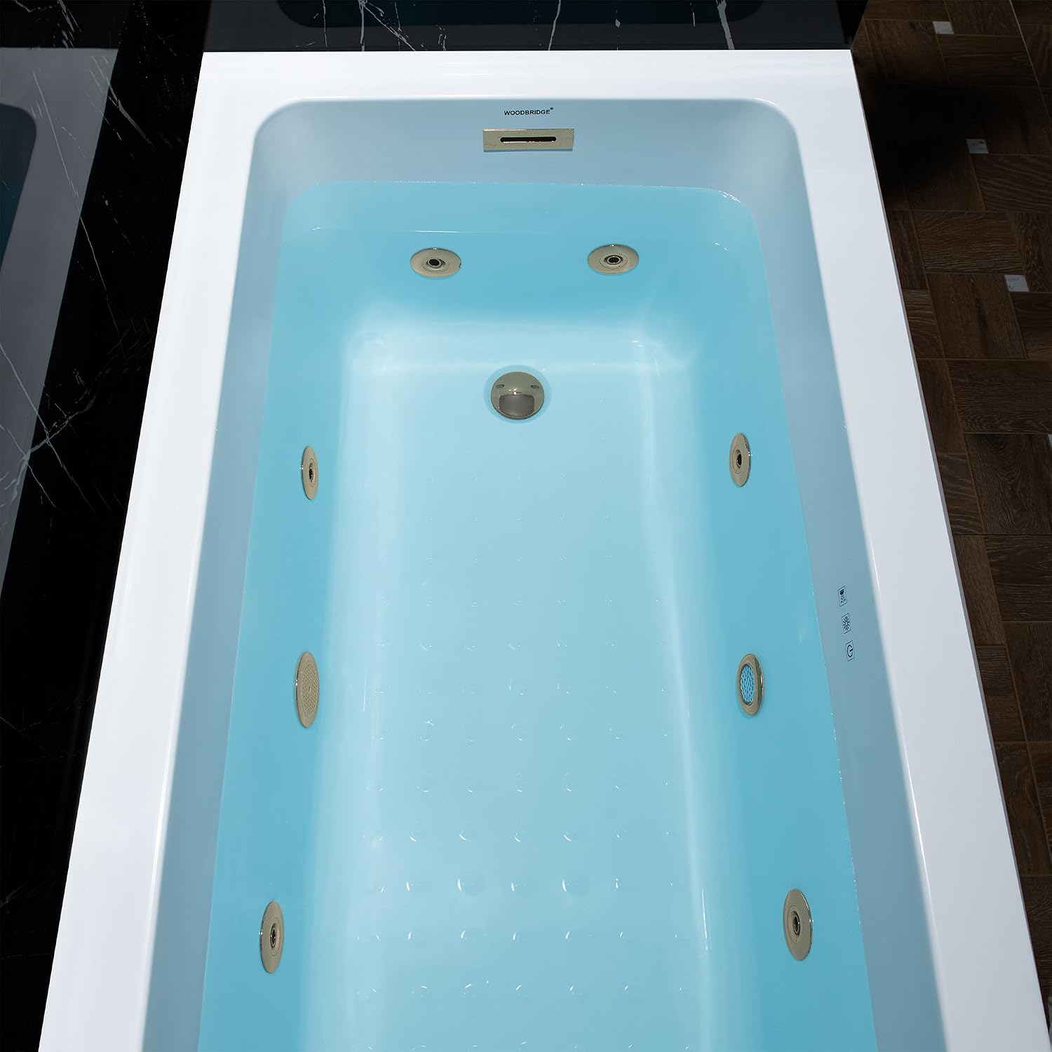 WOODBRIDGE 60' x 30' Alcove Acrylic Rectangular Whirlpool Heated Jetted Tub in White with right Drain, Brushed Gold Finish Trim and Drain Kit Included, BS666-R-BG03