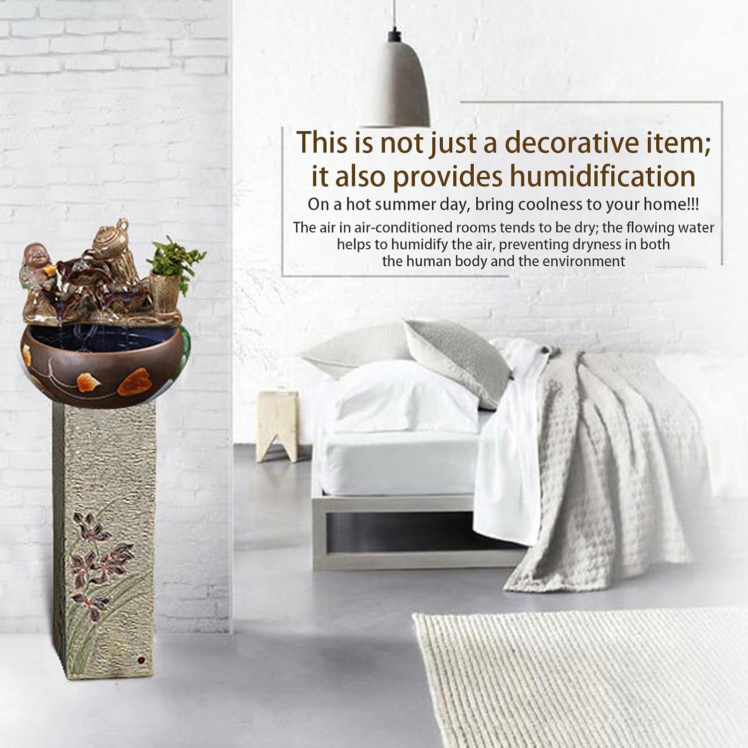 Tabletop Water Fountain, Mist Humidifier, Chinese Ceramic Desk Decor, Porcelain Indoor Feature for Living Room Office(E)