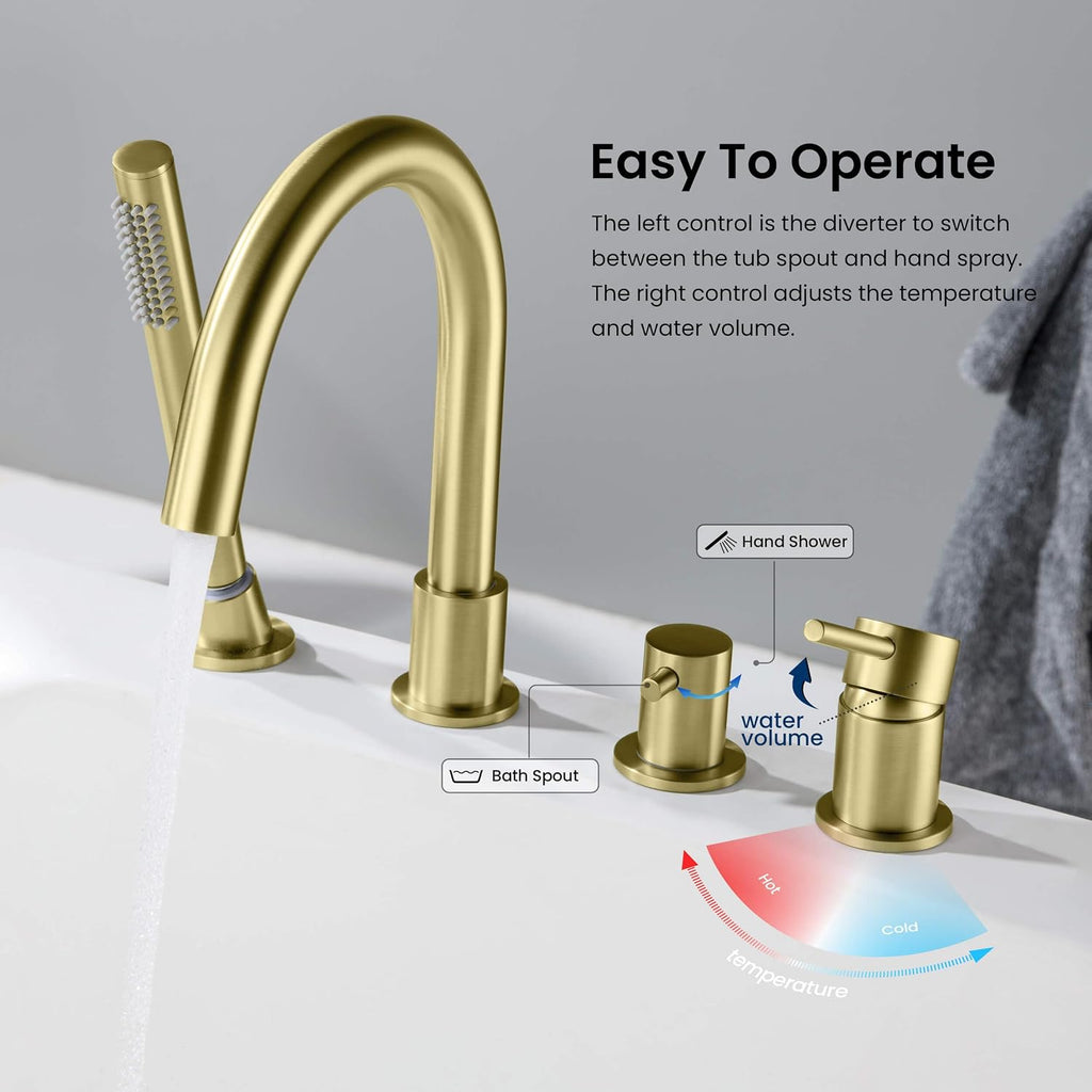 KIBI Circular Roman Tub Faucet with Hand Shower, Deck Mounted Bathtub Faucet Set – Single Handle Solid Brass Bathroom Tub Filler with Diverter, Brushed Gold (KTF3101)