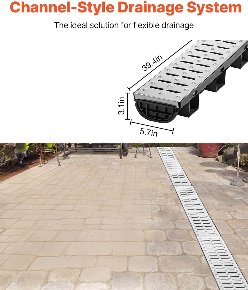 VEVOR Trench Drain System 5 Pack, Channel Drain with Metal Grate 5.7 x 3.1 in HDPE Drainage Trench, Black Plastic Garage Floor Waterway 5 x 39 in with 5 End Caps for Garden Driveway