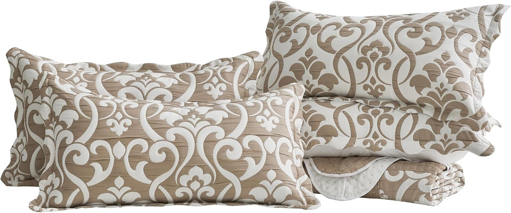 Chezmoi Collection Oversized Bedspread 138x122, Jacquard Matelasse Floral Damask Design, 5-Piece Lightweight Reversible Microfiber Coverlet Set Textured Dot Border, Alaskan King, Dark Gray/White