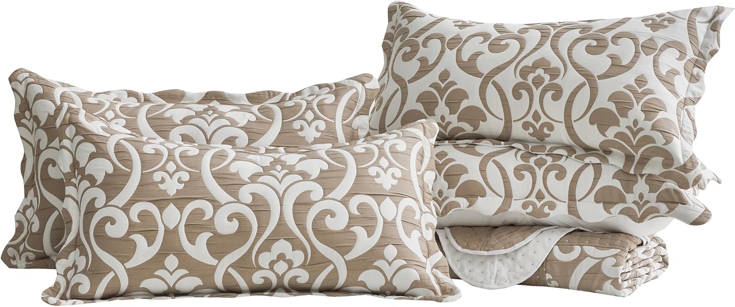 Chezmoi Collection Oversized Bedspread 138x122, Jacquard Matelasse Floral Damask Design, 5-Piece Lightweight Reversible Microfiber Coverlet Set Textured Dot Border, Alaskan King, Dark Gray/White
