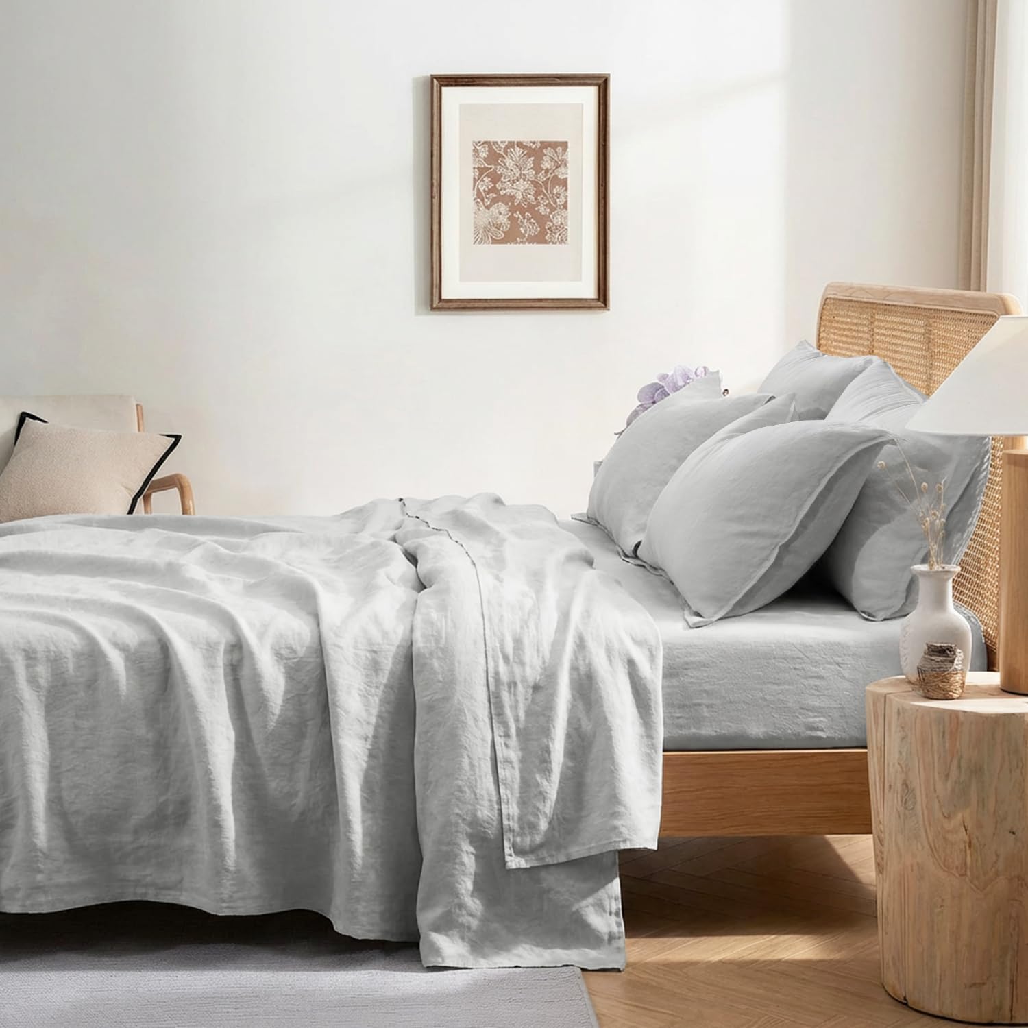 S VICTORY SYMBOL 100% Organic Linen Sheets Set Queen 4Pcs,Natural French Flax Linen Bed Sheets(1 Flat Sheet,1 Fitted Sheet 16inch,2 Pillowcase) GOTS Certified,Fog