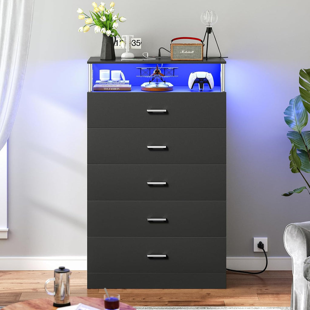 AOGLLATI Black Dresser for Bedroom with Column Design & Charging Station, Led 5 Drawers Tall Dresser for Bedroom,Black