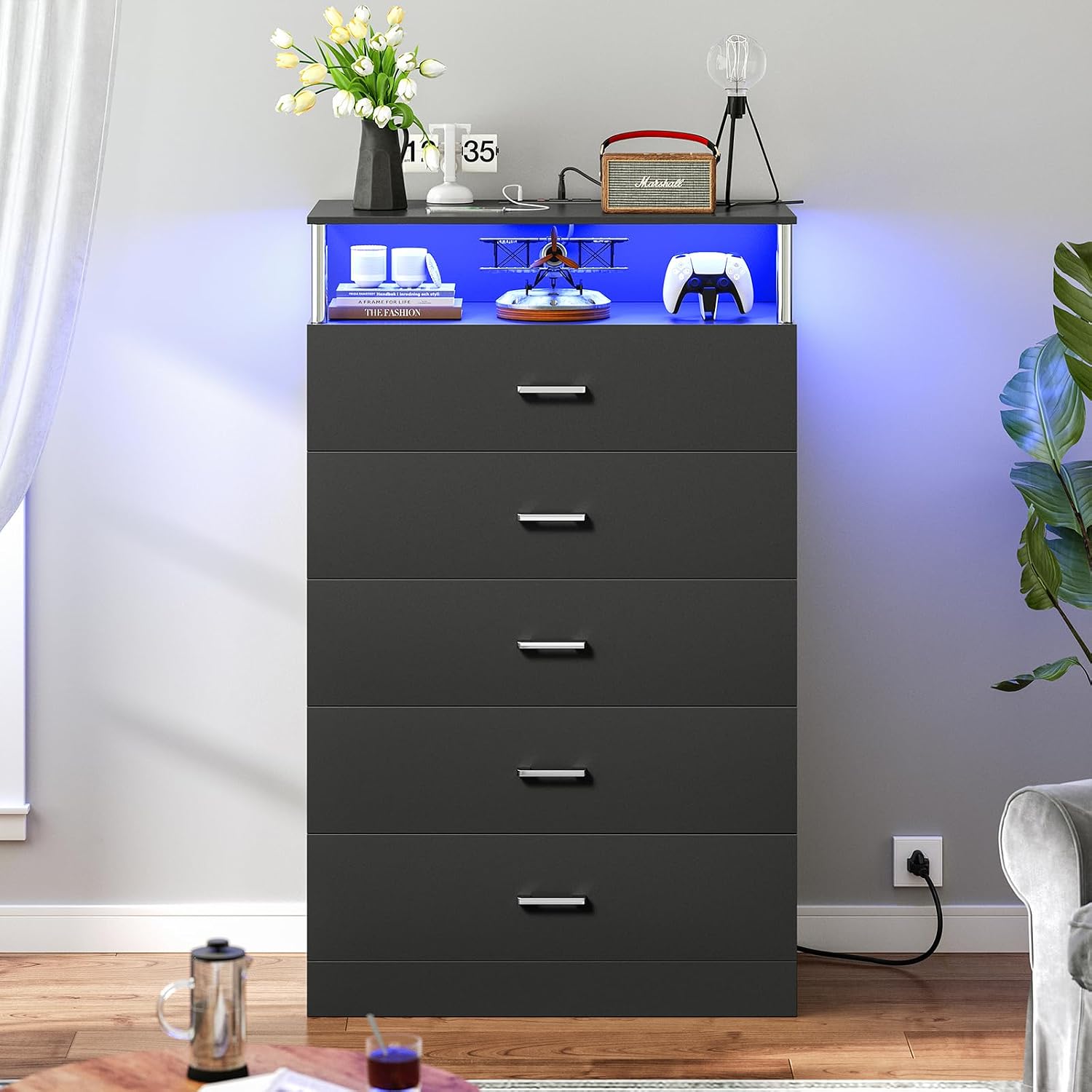 AOGLLATI Black Dresser for Bedroom with Column Design & Charging Station, Led 5 Drawers Tall Dresser for Bedroom,Black