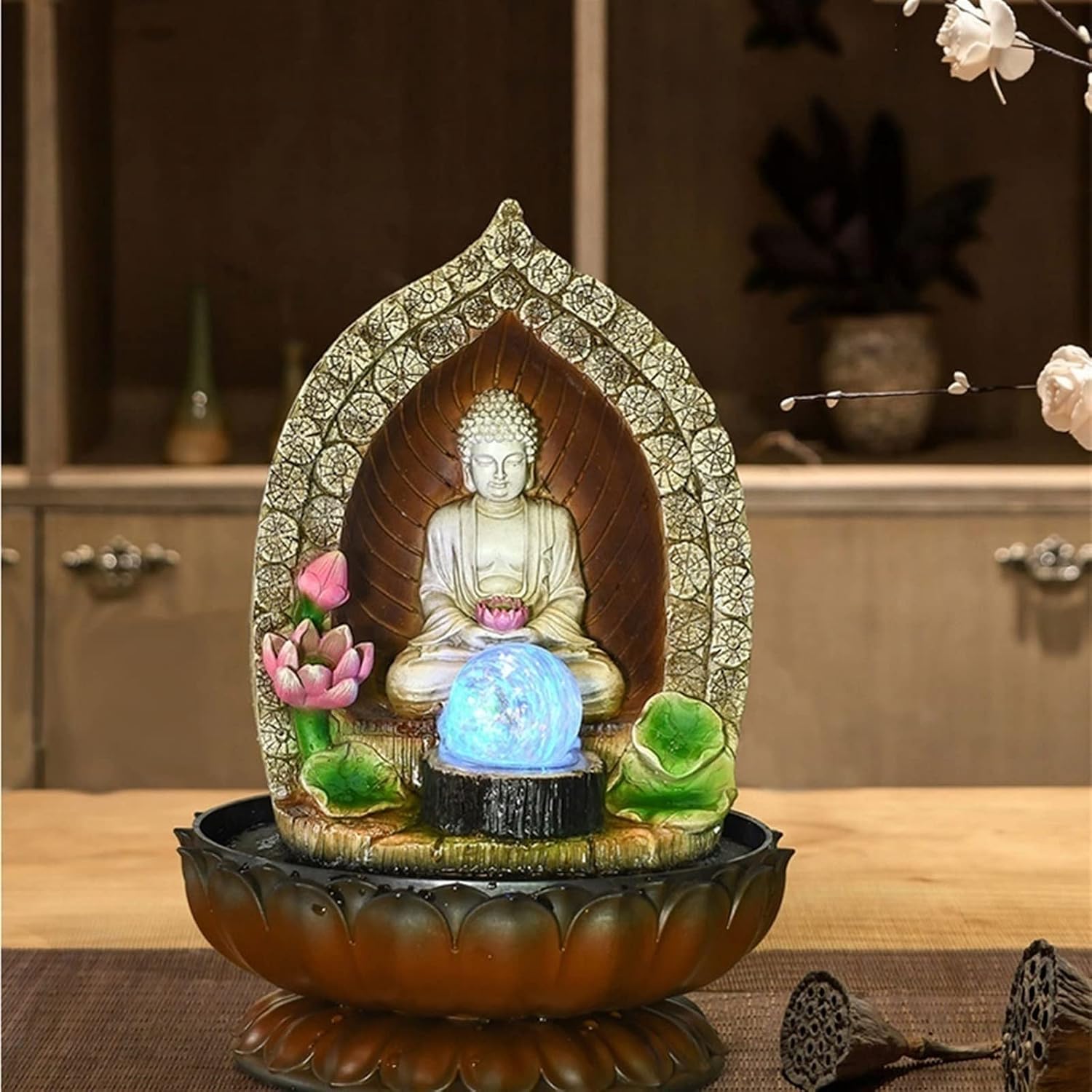 HIHELO Desktop Fountain Table Top Decoration Running Water Fountain Buddha Statue Waterscape Decoration Tabletop Fountain with Feng Shui Ball Water Fountain Outdoor
