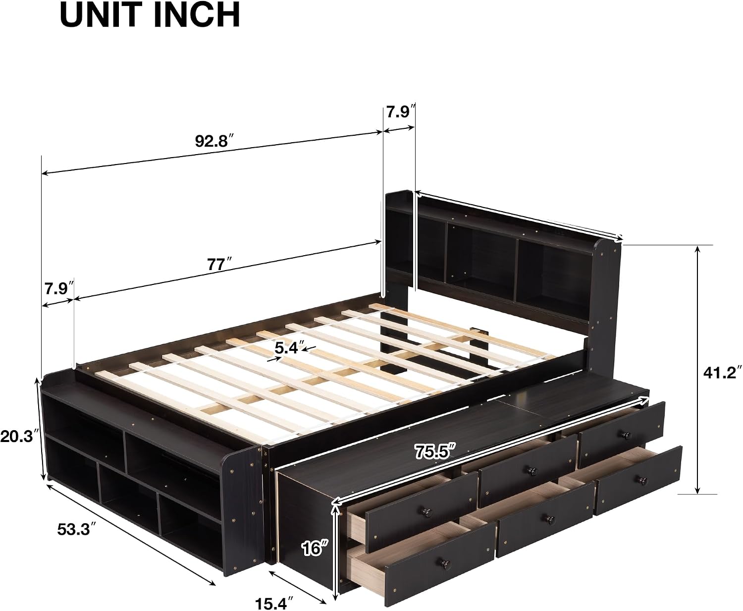 Modern Full Size Platform Bed with Bookcase Storage Headboard, Wood Captain Platform Bed Frame with 6 Drawers and Bed End Storage Case, Sturdy Slat Support, Maximize Space (Espresso-I4)