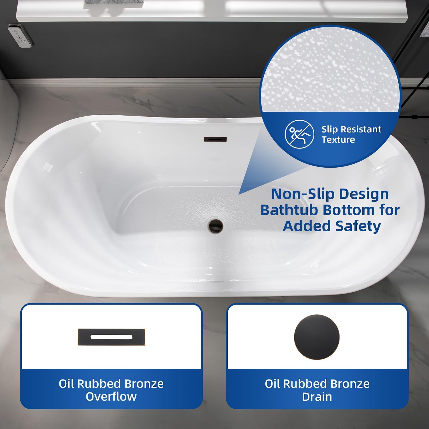 WOODBRIDGE 71' Acrylic Freestanding Bathtub Contemporary Soaking White Tub with Oil Rubbed Bronze Overflow and Drain,B0017-ORB