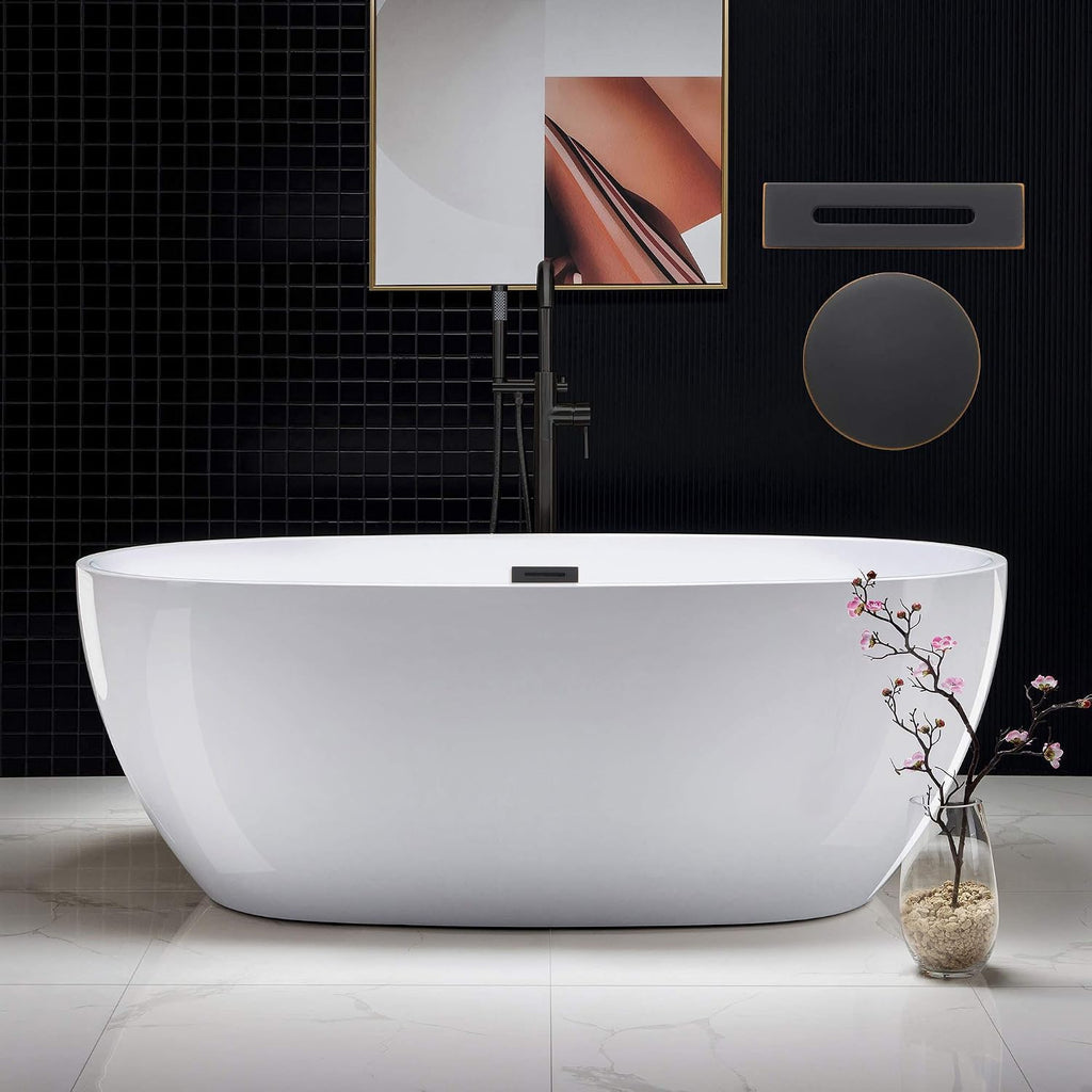 WOODBRIDGE 67' Acrylic Freestanding Bathtub Contemporary Soaking White Tub with Oil Rubbed Bronze Overflow and Drain，BTA1528-ORB