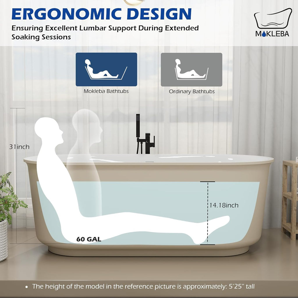 59' Solid Surface Resin Freestanding Bathtub, Double Ended Shape, Modern Deep Stone Resin Soaking Bathtub with Integrated Slotted Overflow, Toe-Tap Chrome Drain, cUPC Certified, Khaki