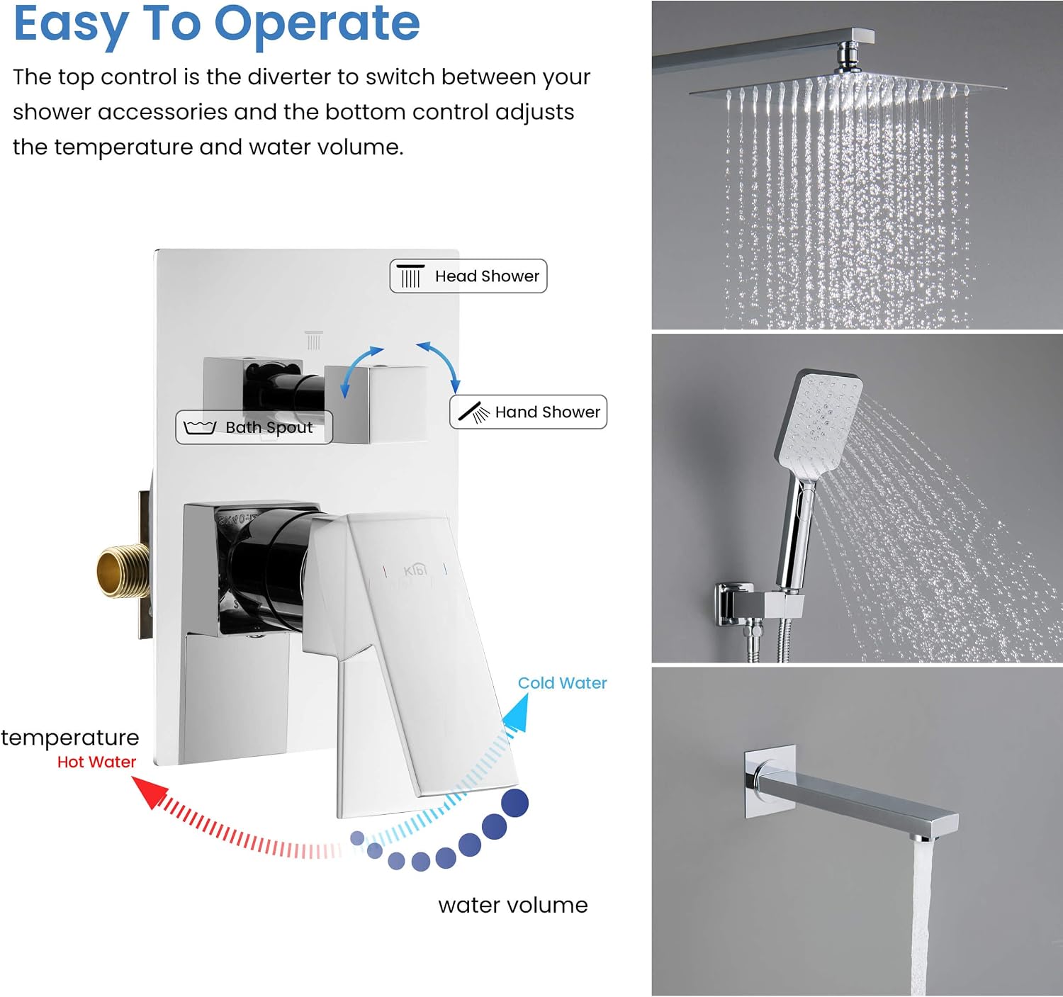 KIBI Cube Bathroom Shower System | 3-Function Wall Mounted Shower Faucet Set with Solid Brass Pressure Balanced Valve | 15-inch Long Shower Arm | Three Hand Shower Modes | Chrome Finish (KSF406)