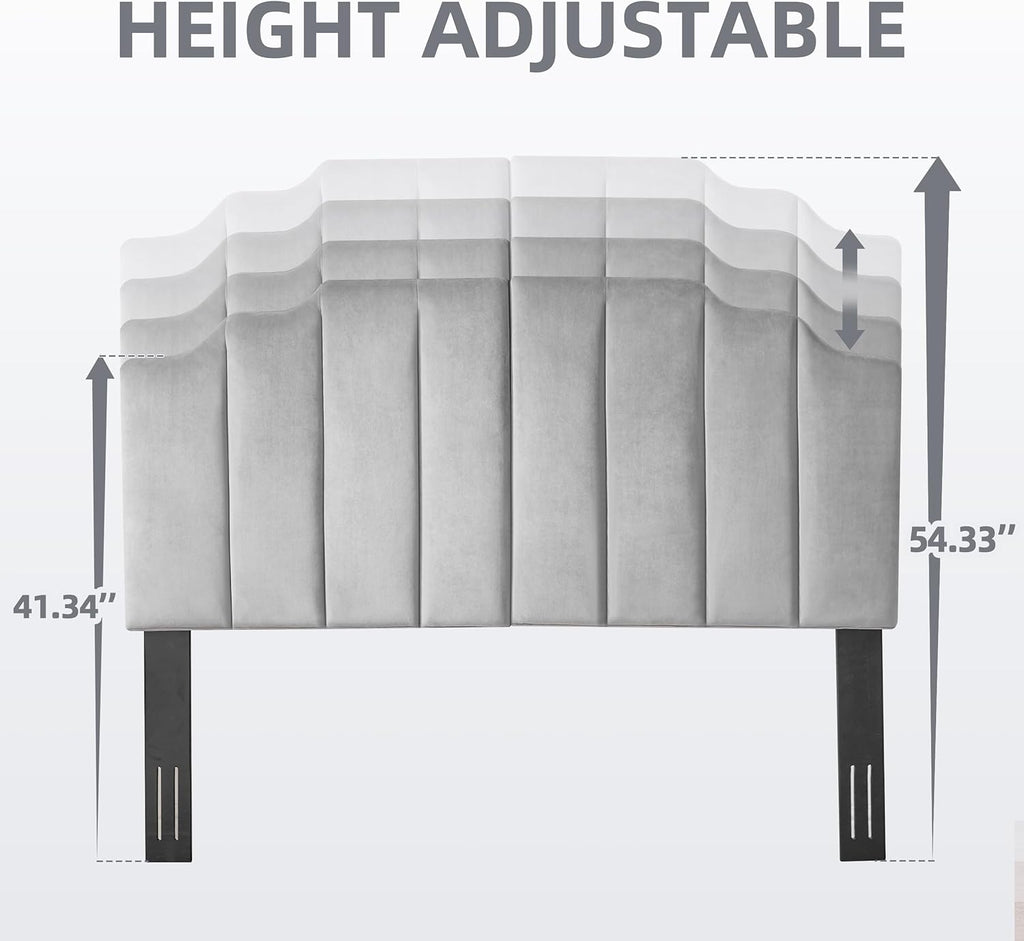 Huatean Home Velvet Upholstered Headboard Queen, Tufted Headboard, Elegantly Curved headboard only, Soft Padded headboards Queen Size, Modern Vertical Channel Design Head Board, Soft Grey