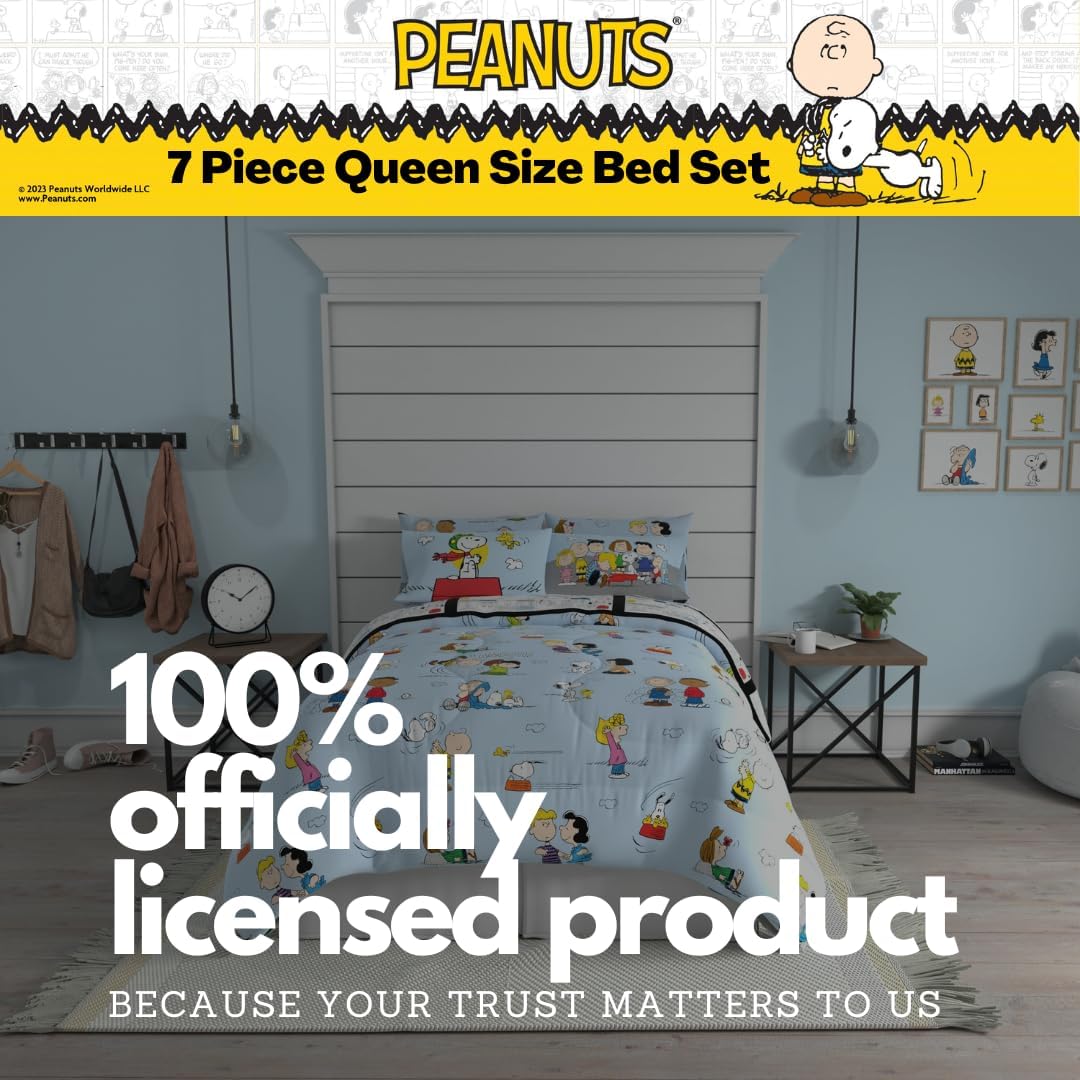 Peanuts Charlie Brown, Snoopy & Gang Bedding, 7 Piece Super Soft Cozy Reversible Comforter and Sheet Set with Sham, Queen, (100% Official Licensed Product) by Franco Collectibles