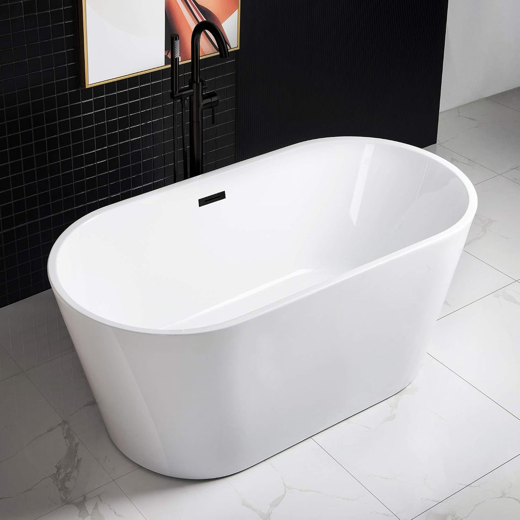 WOODBRIDGE 59' Freestanding White Acrylic Soaking Bathtub with Matte Black Drain and Overflow,BTA1514-MB