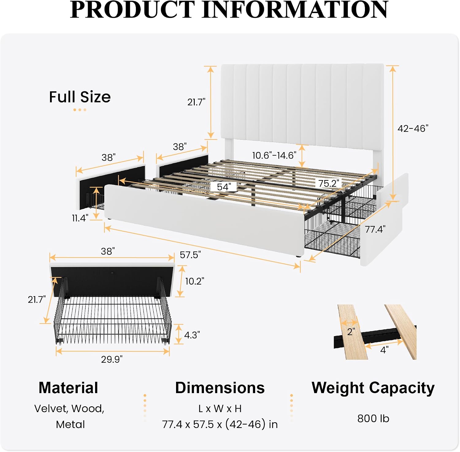 SHA CERLIN Full Size Platform Bed Frame with 4 Storage Drawers, Vertical Channel Tufted Adjustable Headboard, Velvet Upholstered, Wooden Slats Support, No Box Spring Needed, Easy Assembly, White