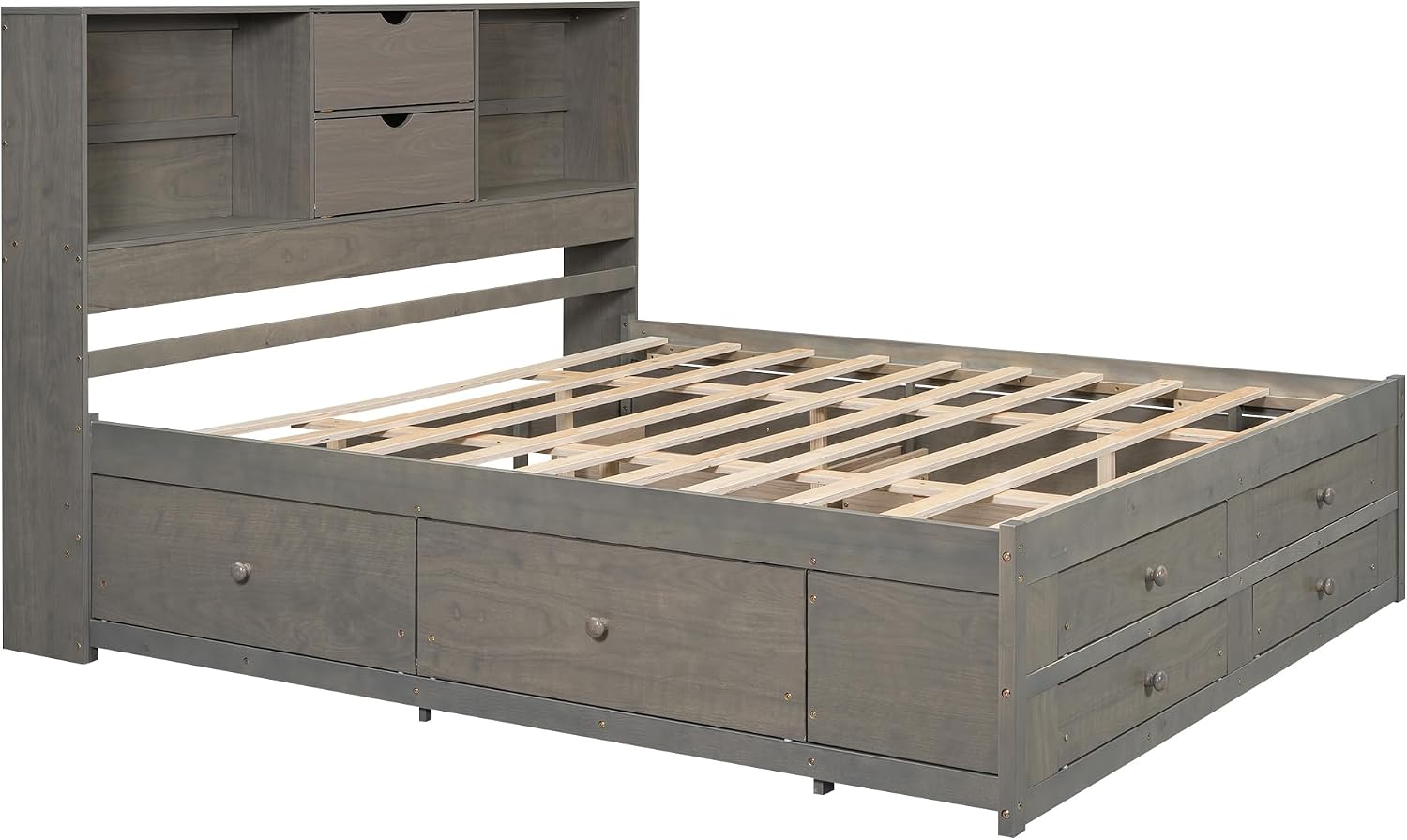 Queen Size Platform Bed with Storage Headboard, Solid Wood Platform Bed Captain's Bed Frame with 8 Drawers, Sturdy Slats Support, Maximize Space, Grey-8r