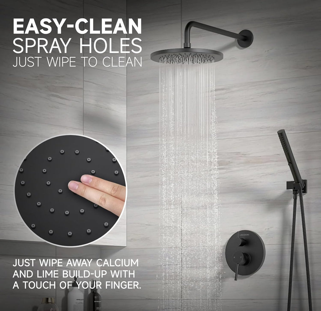 Lava Odoro Modern 3-Setting Round Rain Bathtub and Shower Faucet Set, Black Rainfall Shower Head and Handle Set, Rain Shower System with Tub Spout, Shower Valve Trim Kit, Matte Black, SF104-MB-T