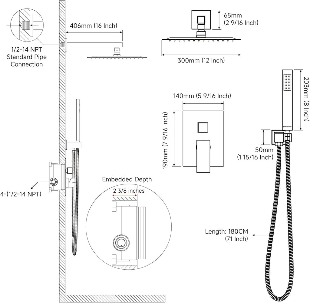 EMBATHER Shower System Chrome Shower Faucet Sets with 12' Rain Shower Head For Bathroom, Wall Mounted Square Shower Combo Set With Adjustable Handheld Bracket (Contain Rough-in Valve & Trim)