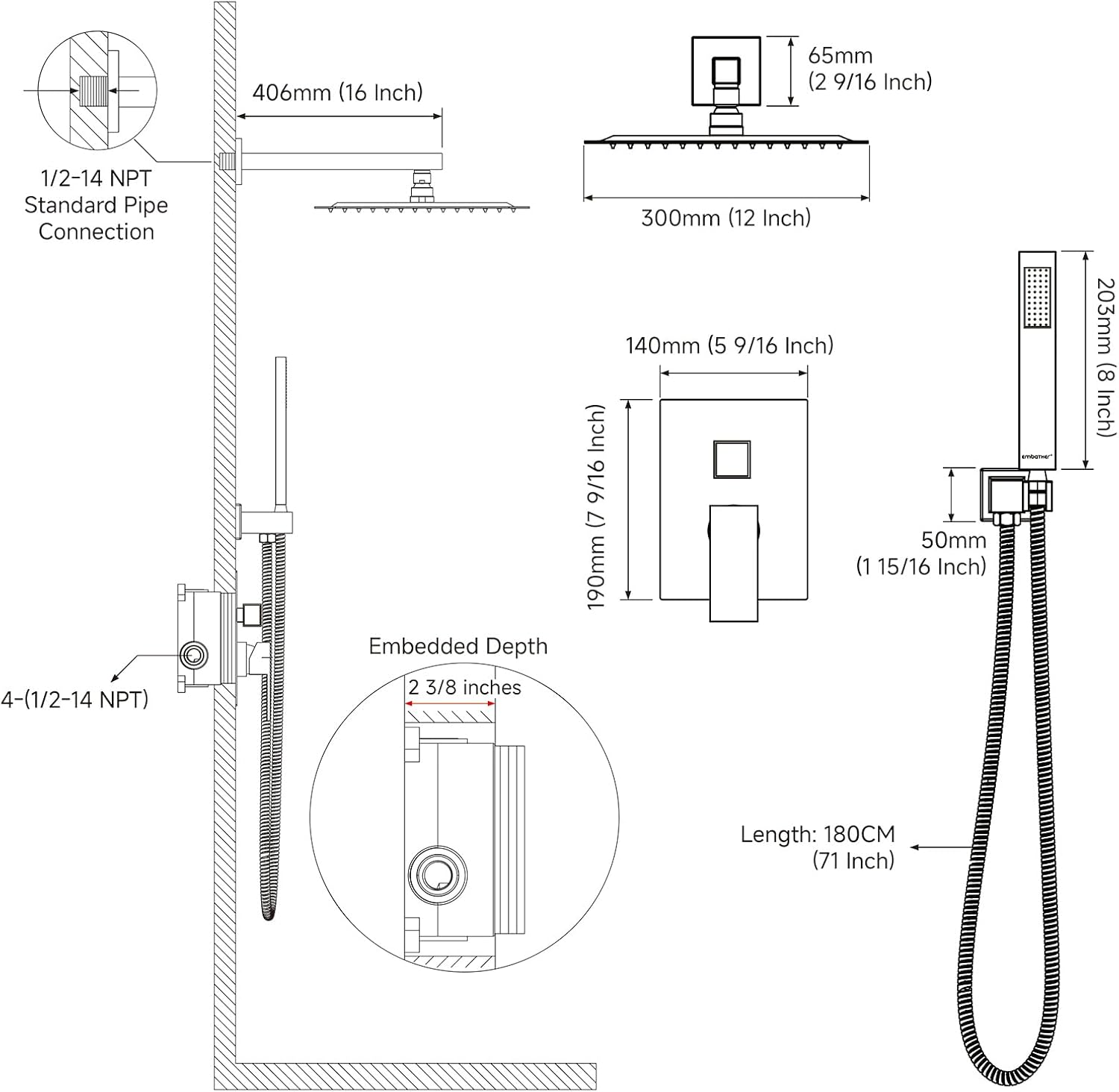 EMBATHER Shower System Chrome Shower Faucet Sets with 12' Rain Shower Head For Bathroom, Wall Mounted Square Shower Combo Set With Adjustable Handheld Bracket (Contain Rough-in Valve & Trim)