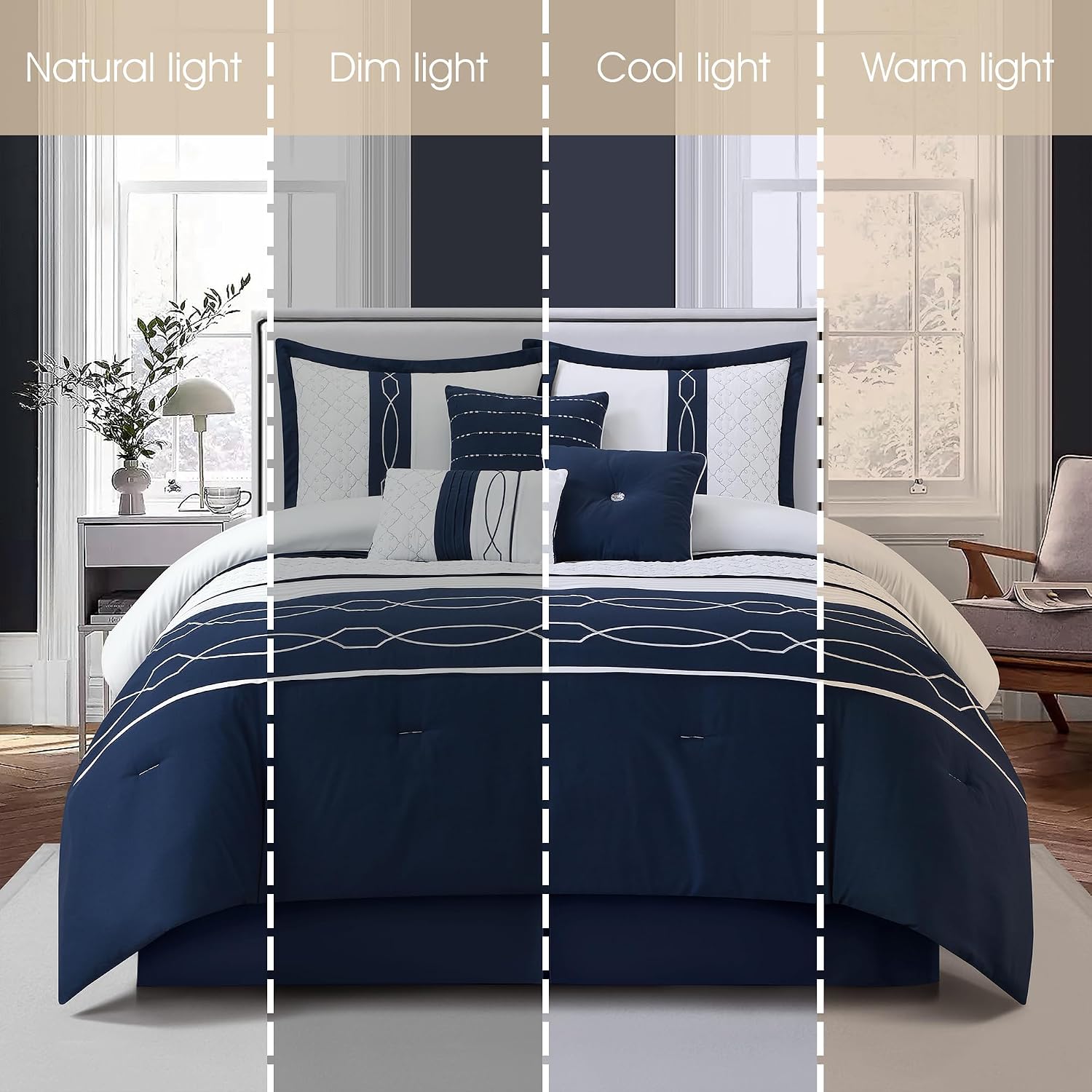 Grand Avenue Navy Geometric Comforter Set, California King Size,7 Piece All Season Bedding Set, Bedskirt, Pillows & Shams, Ultro-Soft Comforter, Home Decor