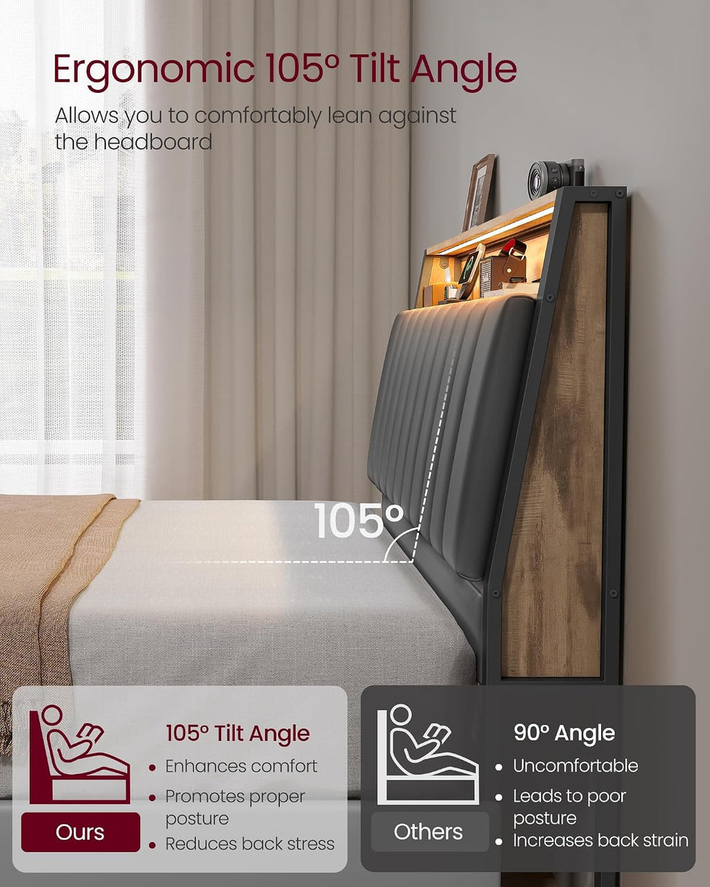 VASAGLE LED Bed Frame Queen Size, Storage Headboard and Charging Station, Queen Bed Frame with 2 AC Outlets, 1 USB Port, 1 Type-C Port, No Box Spring Needed, Dove Gray and Camel Brown URMB841G01