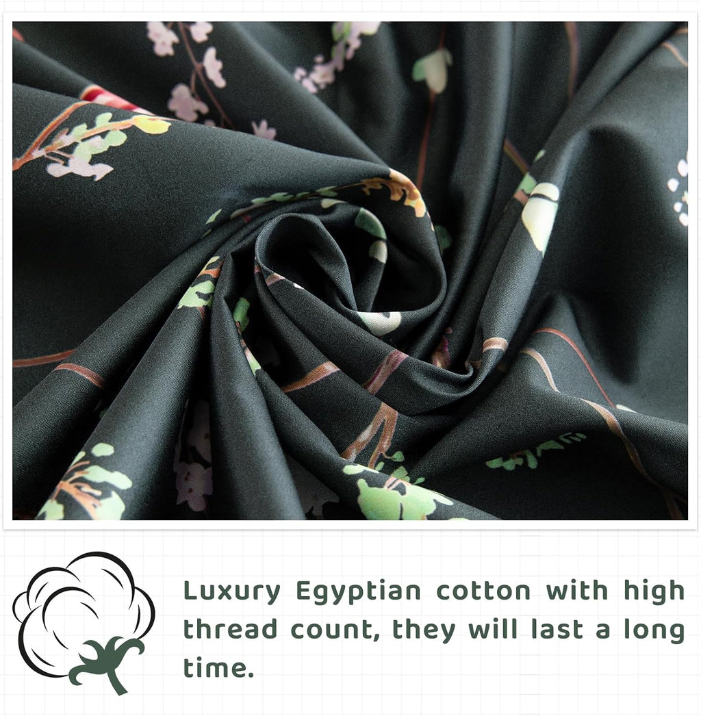 QSH Floral Egyptian Cotton Sheets King Size - Navy Floral Bedding Sheets Botanical Pattern Printed Bedding King Size Bed Sheets 17.5' Extra Deep Pocket 4pcs