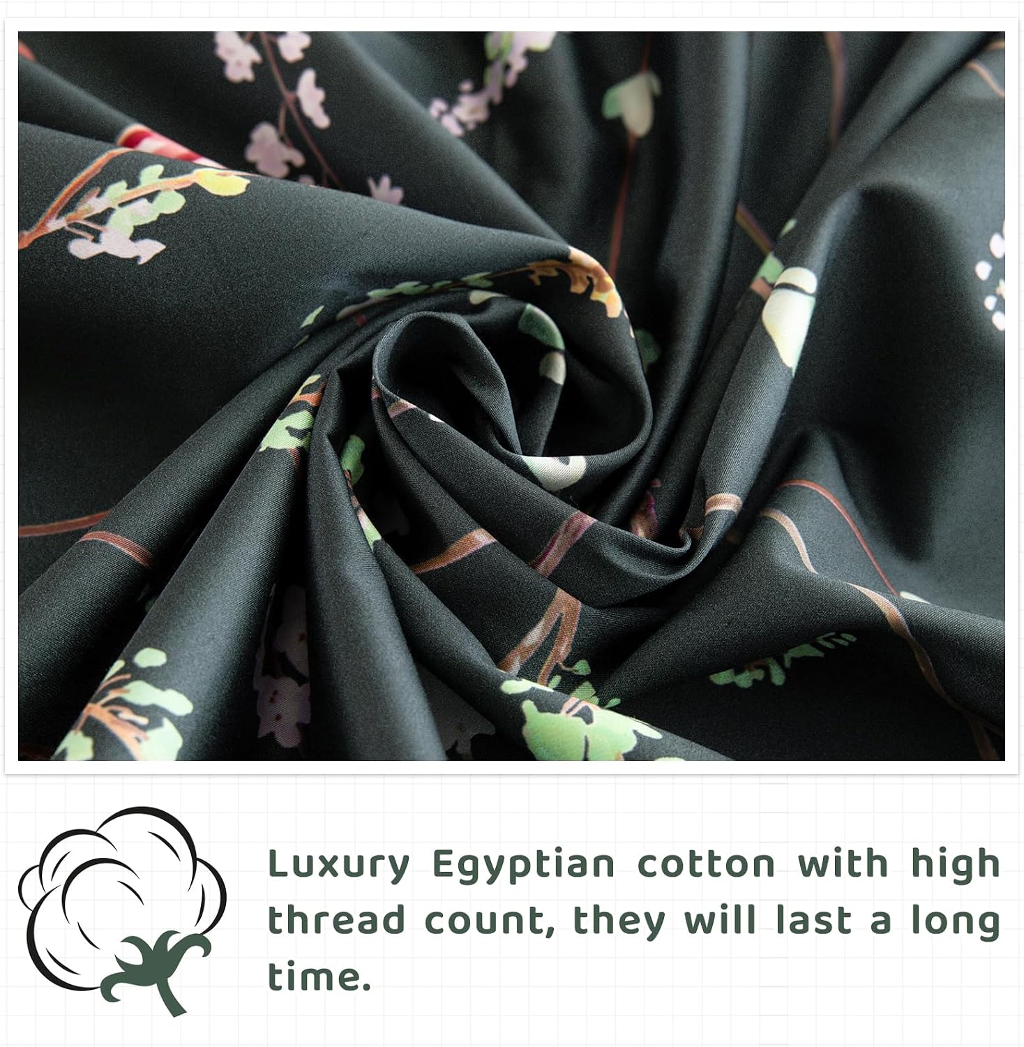 QSH Floral Egyptian Cotton Sheets King Size - Navy Floral Bedding Sheets Botanical Pattern Printed Bedding King Size Bed Sheets 17.5' Extra Deep Pocket 4pcs