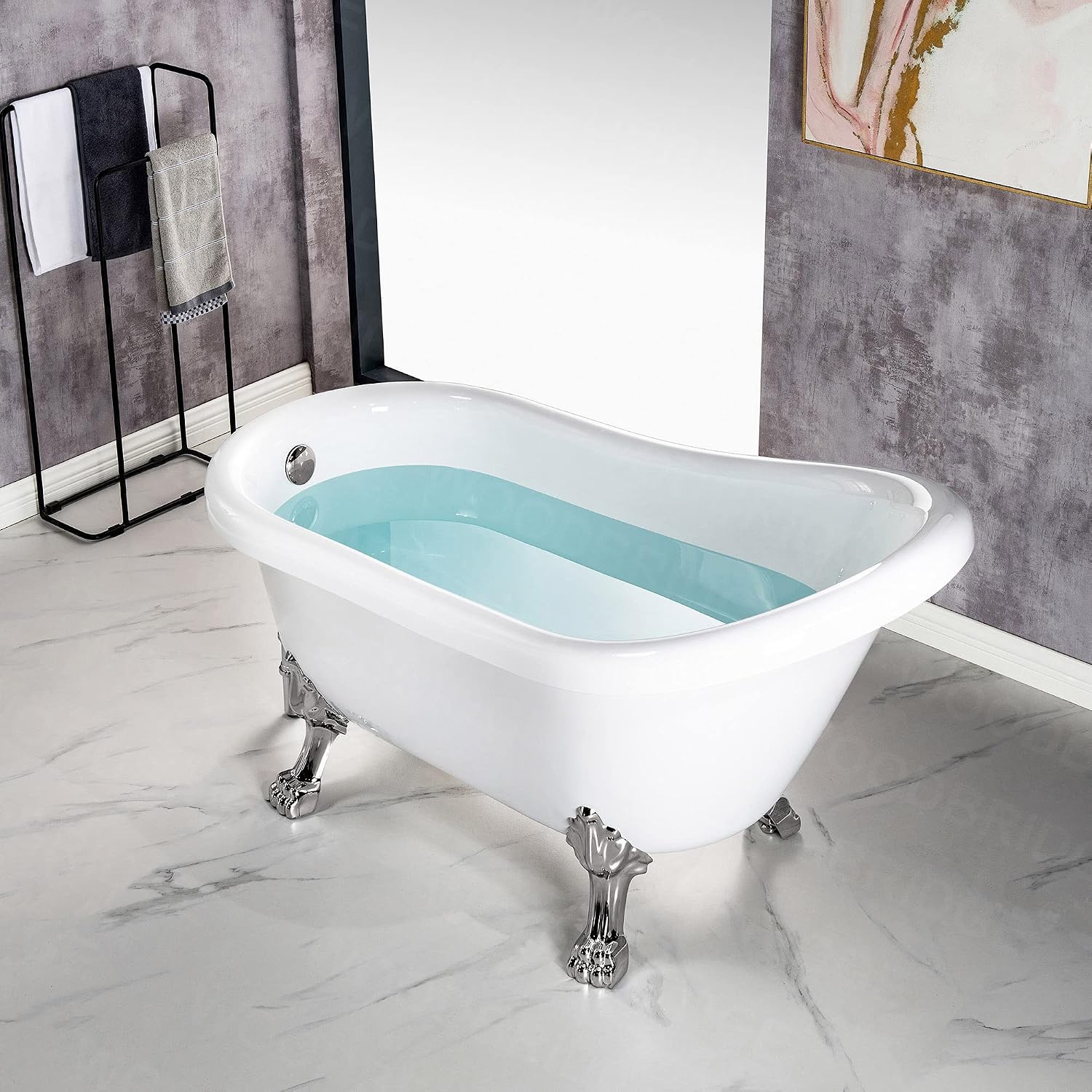 WOODBRIDGE 54' Heavy Duty Acrylic Slipper Clawfoot Bath Tub with Brushed Nickel Feet & Brushed Nickel Drain &Overflow
