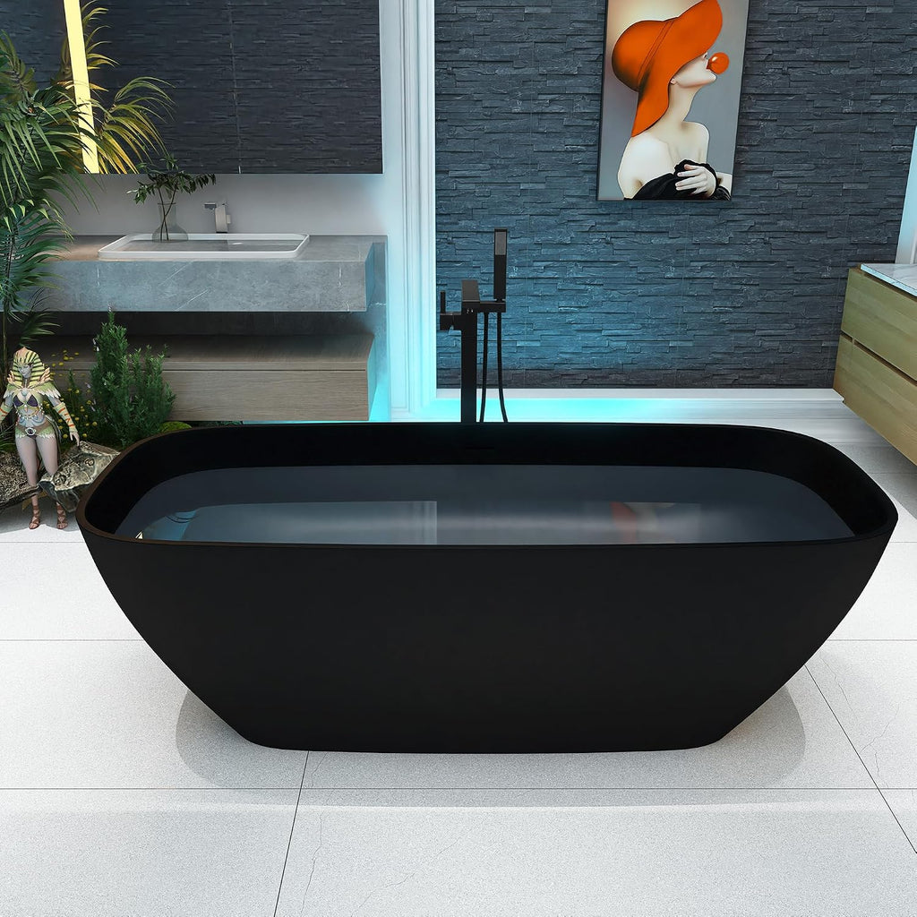 67'' Black Bathtub,Stone Resin Solid Surface Freestanding Bathtub, Modern Elegant Design Soaking Stand Alone Tub, Matte Black, Drain and Overflow Included