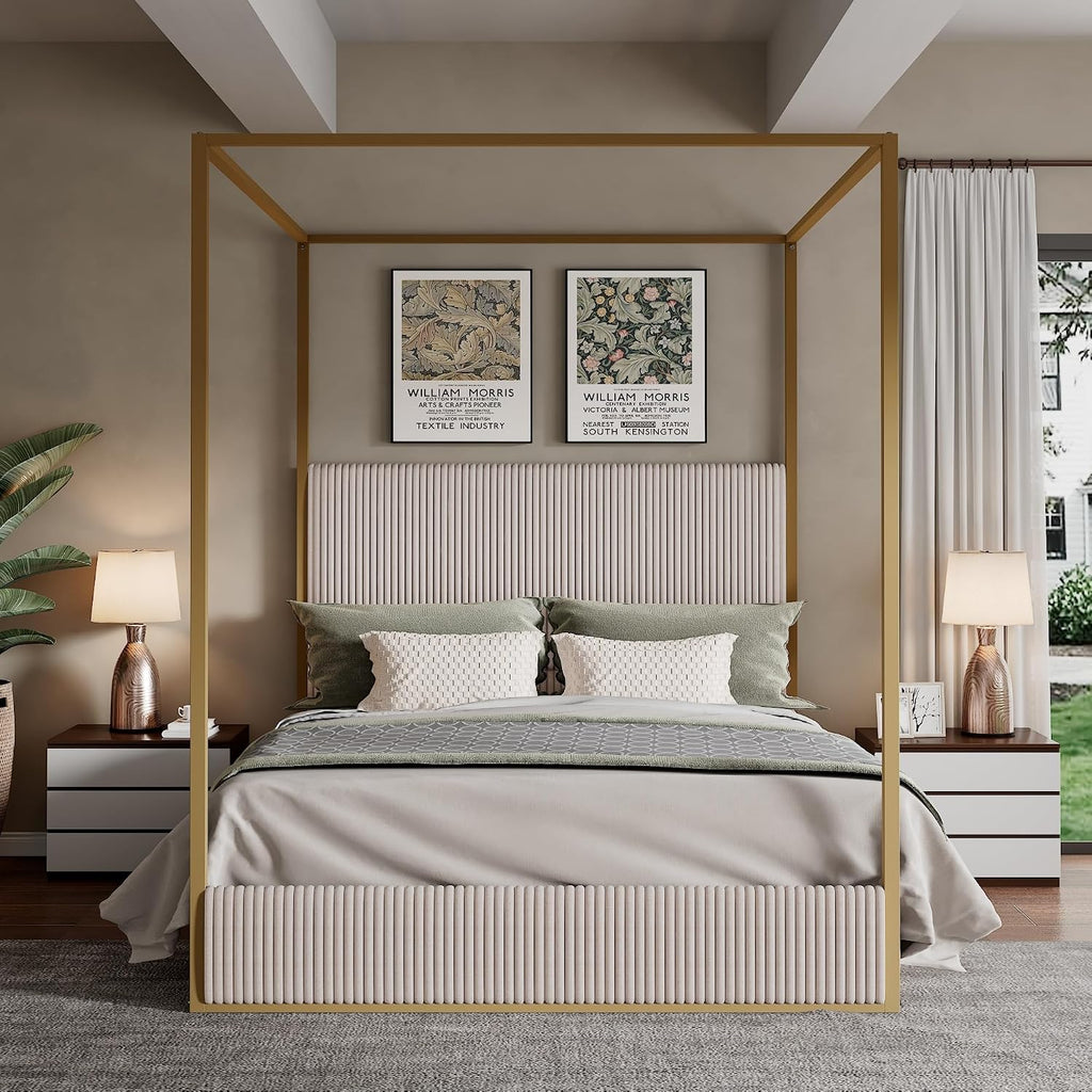 Merax Modern Luxury Queen Metal Canopy Bed with Tall Upholstered Headboard, Gold Four Poster Bed, No Box Spring Needed, Beige