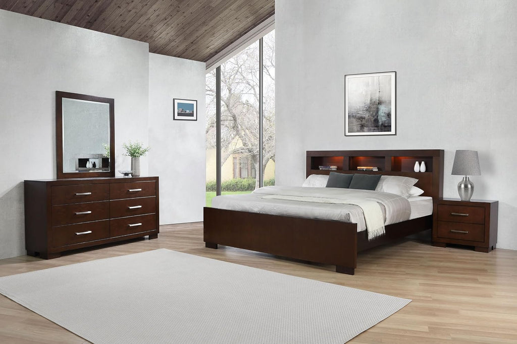 Coaster Home Furnishings Jessica Contemporary 4-Piece Bedroom Set Queen Size LED Storage Bookcase Bed Frame 47-inch Headboard Cappuccino 200719Q-S4